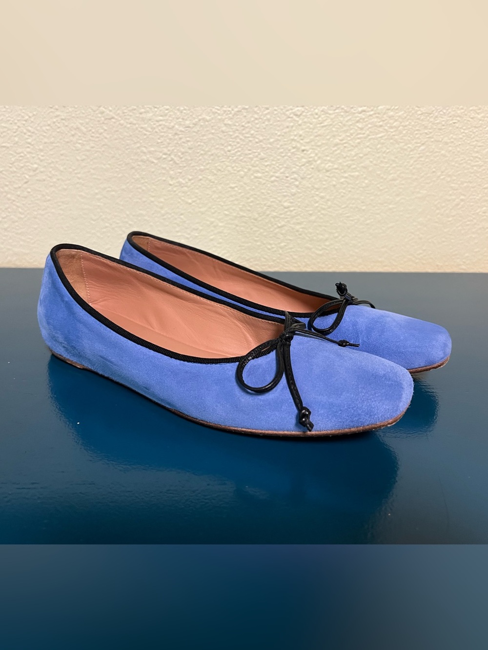 M Geni Danza Blue Suede Ballet Flats with Bow